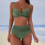 High Waist Bikini Set Women V Neck Twist Detail Two Piece Solid