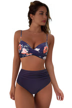 High Waist Bikini Set Women V Neck Twist Detail Two Piece Solid