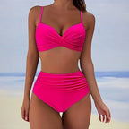 High Waist Bikini Set Women V Neck Twist Detail Two Piece Solid