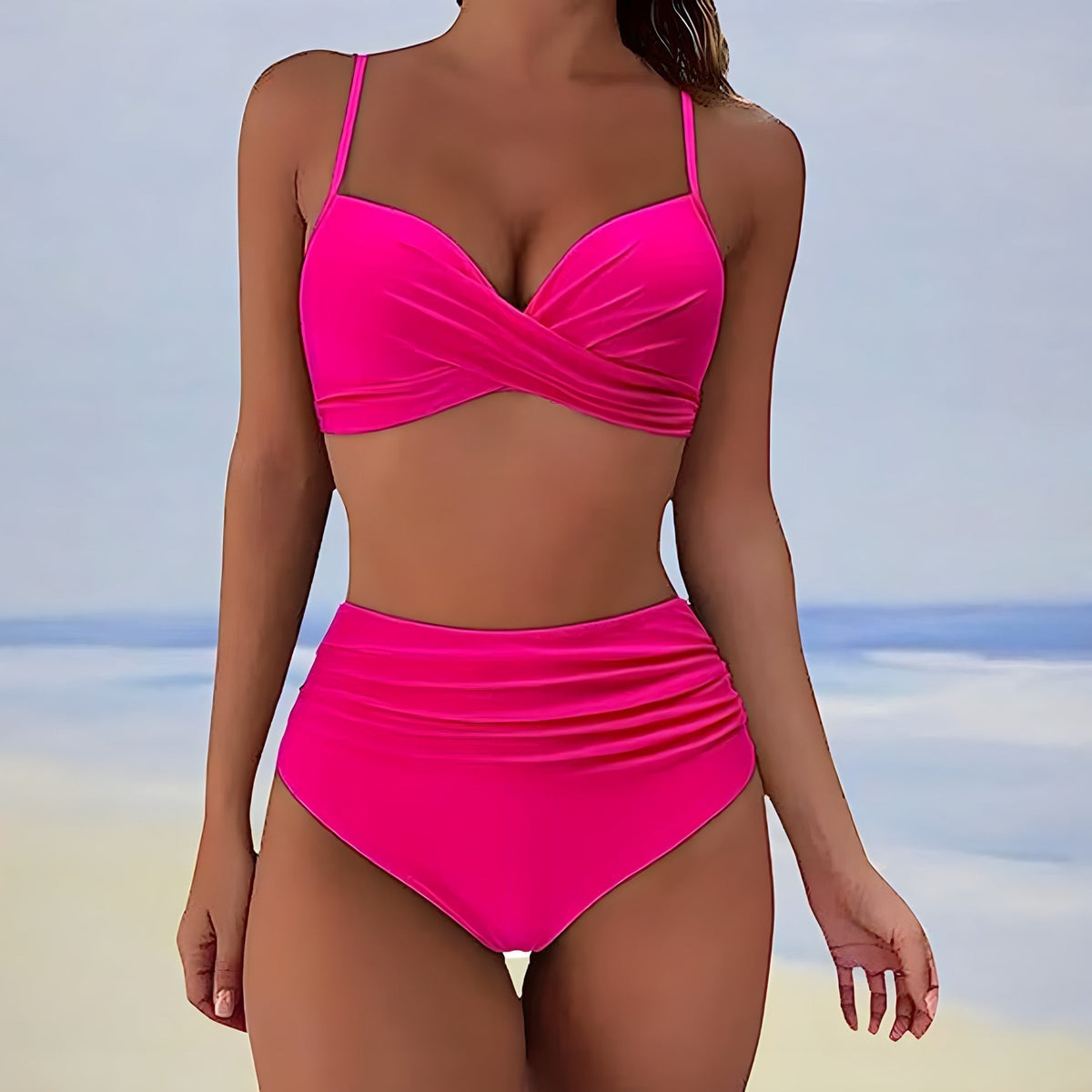 High Waist Bikini Set Women V Neck Twist Detail Two Piece Solid