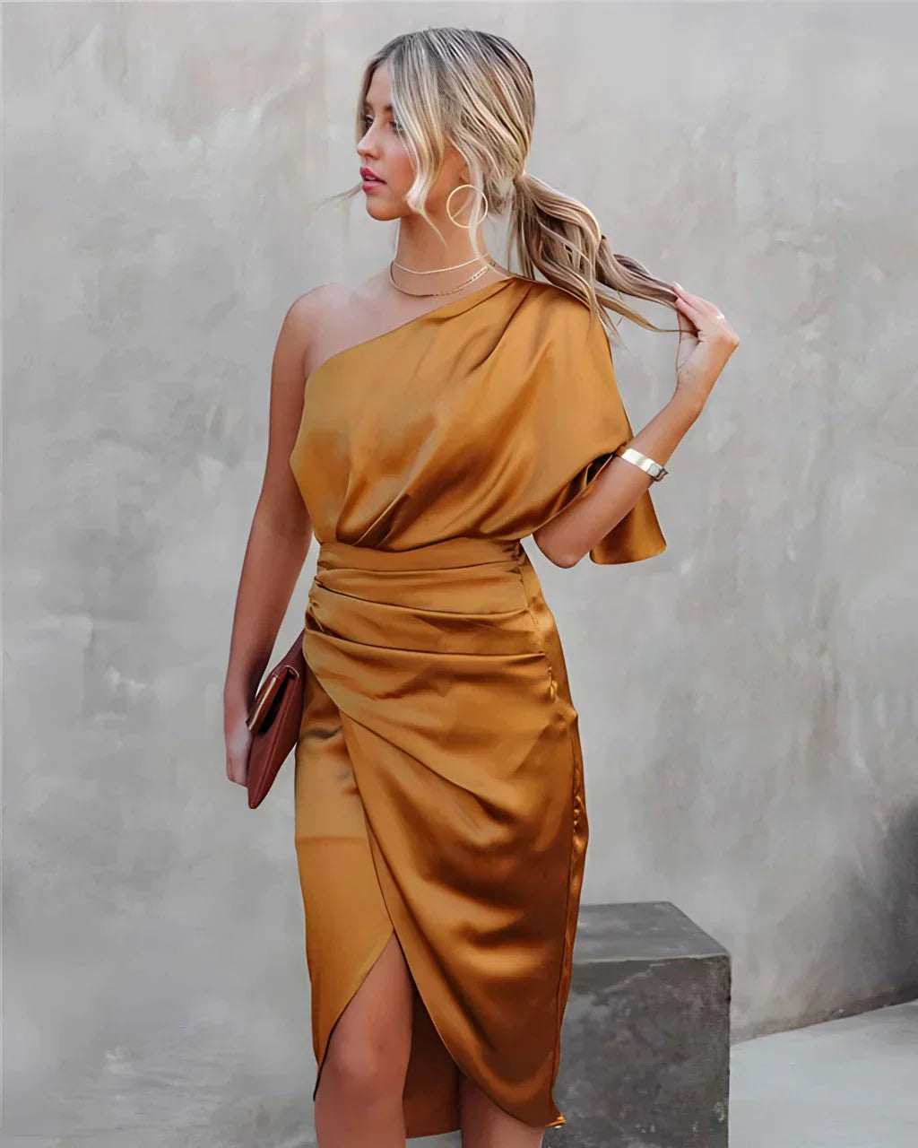Women's asymmetric one-shoulder draped midi dress for evening occasions