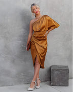 Women asymmetrical off shoulder dress sleeveless midi length