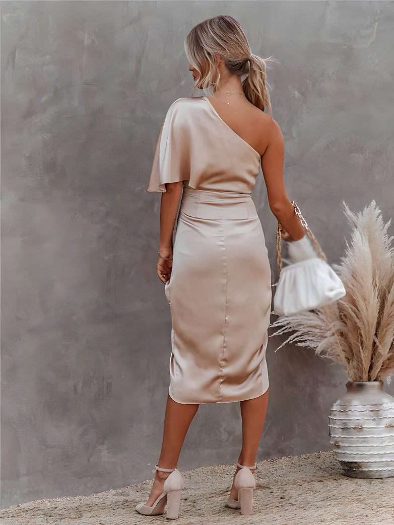 Women asymmetrical off shoulder dress sleeveless midi length
