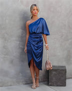 Women asymmetrical off shoulder dress sleeveless midi length