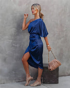 Women asymmetrical off shoulder dress sleeveless midi length