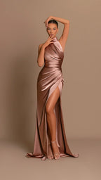 Satin maxi dress in rose gold with high leg slit and draped detail, women's formal