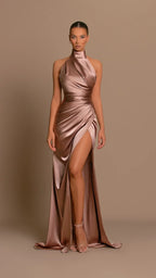 Satin maxi dress in rose gold with high leg slit and draped detail, women's formal