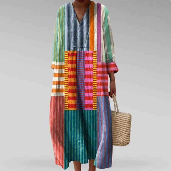 Women woven V-neck dress geometric pattern relaxed fit