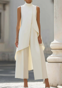 Women's two-piece set asymmetric high-neck top and wide-leg pants, business elegant