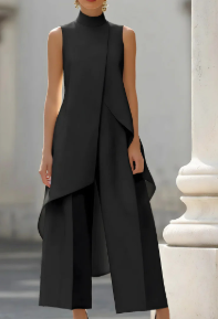 Women's two-piece set asymmetric high-neck top and wide-leg pants, business elegant