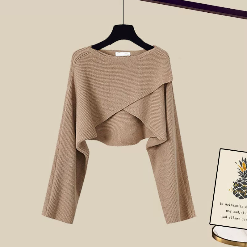 Women 3 piece knit sweater wide leg pants set in brown and gray