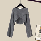 Women 3 piece knit sweater wide leg pants set in brown and gray