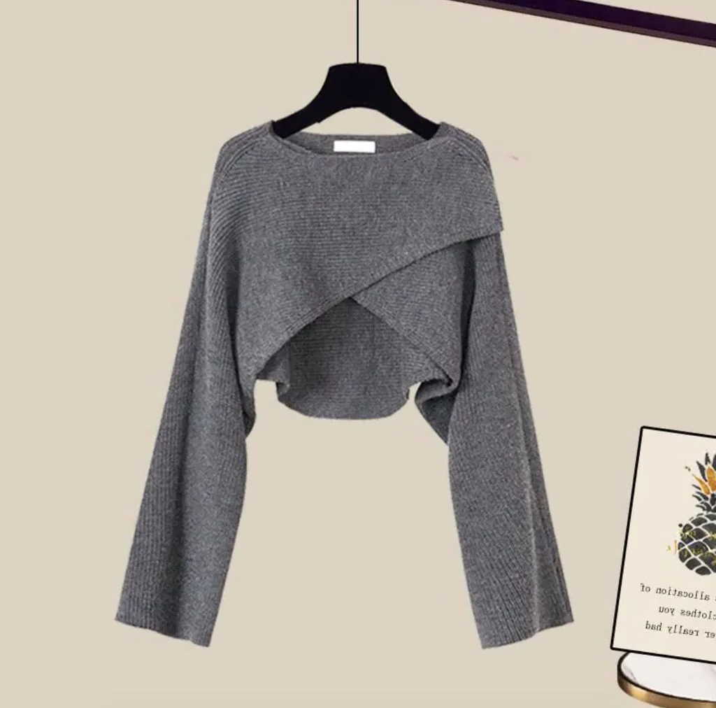 Women 3 piece knit sweater wide leg pants set in brown and gray