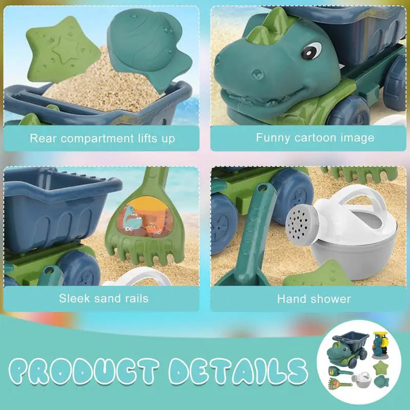 Beach sand toy set with dinosaur truck and sandcastle molds for kids outdoor play