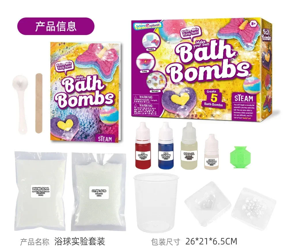 Bath bomb DIY kit for kids, colorful fizzing set with 5 bath bombs and all tools included