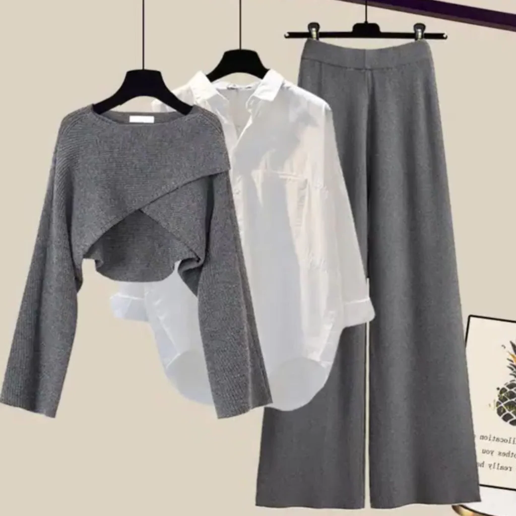 Women 3 piece knit sweater wide leg pants set in brown and gray