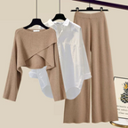 Women 3 piece knit sweater wide leg pants set in brown and gray