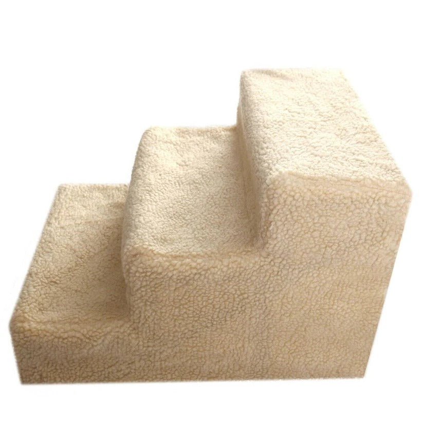 Dog stairs for tall bed 3-step portable beige fleece cover 55lb capacity