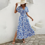 Women bohemian flowy dress V-neckline blue relaxed silhouette