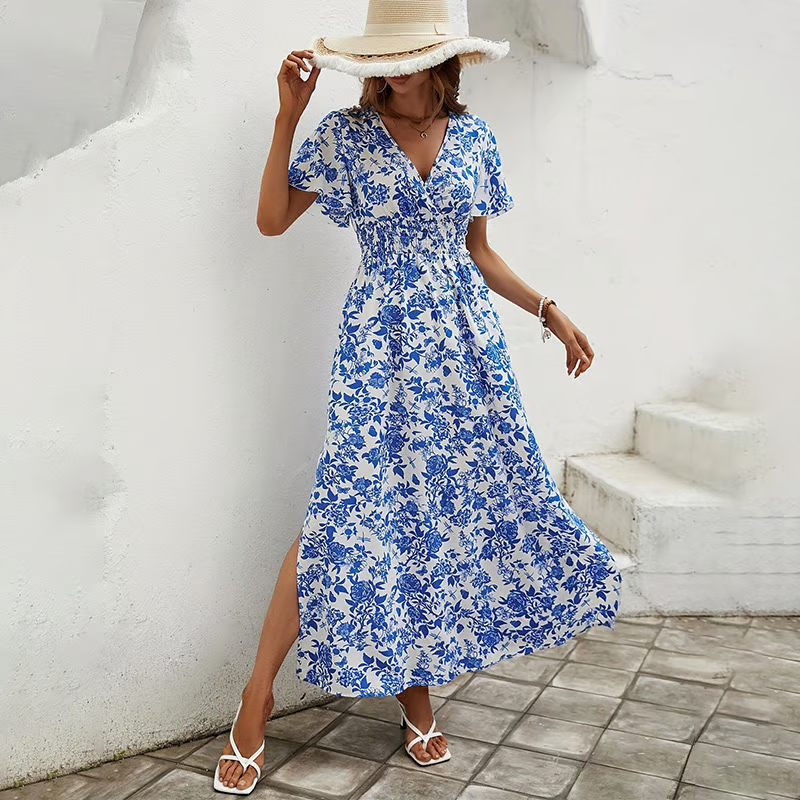 Women bohemian flowy dress V-neckline blue relaxed silhouette