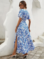 Women bohemian flowy dress V-neckline blue relaxed silhouette