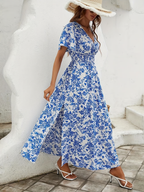 Women bohemian flowy dress V-neckline blue relaxed silhouette