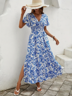 Women bohemian flowy dress V-neckline blue relaxed silhouette