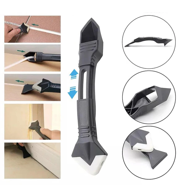 3-in-1 caulk remover tool with stainless steel blade and triangular rubber smoother