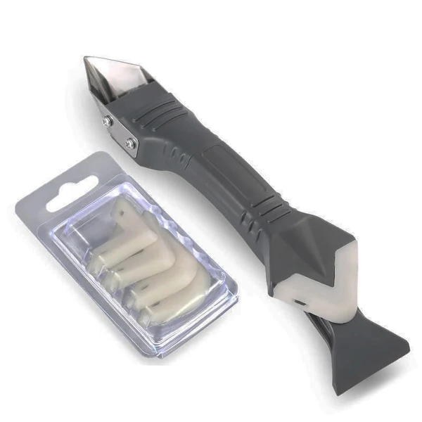 3-in-1 caulk remover tool with stainless steel blade and triangular rubber smoother
