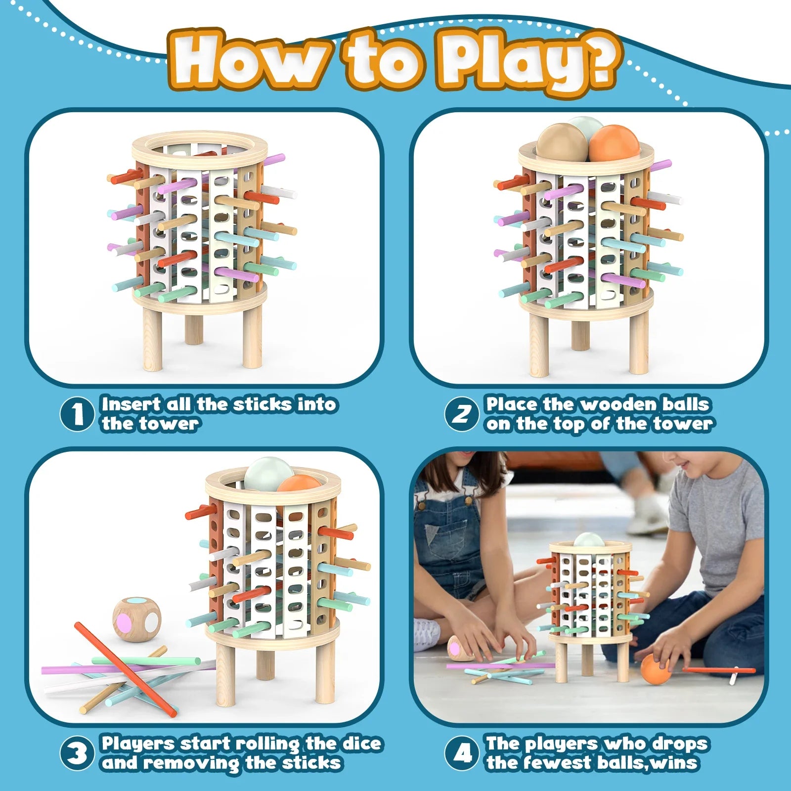 Balance Tower wooden stacking and counting game for kids ages 3+