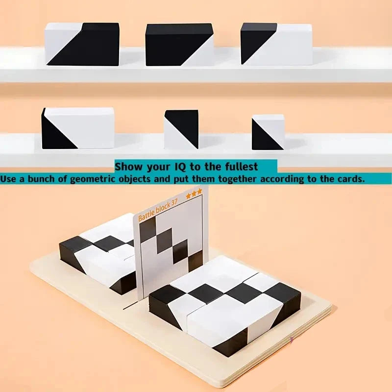 Block puzzle game wooden educational toy for kids ages 3+, white and black