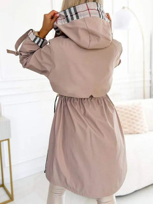 Women hooded long jacket lightweight with contrasting sleeve detail
