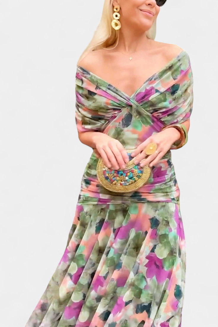 Women's floral midi dress with V-neckline and pleated waist, elegant long flowing skirt