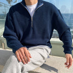 Men half zip sweater pleated knit in navy blue and grey