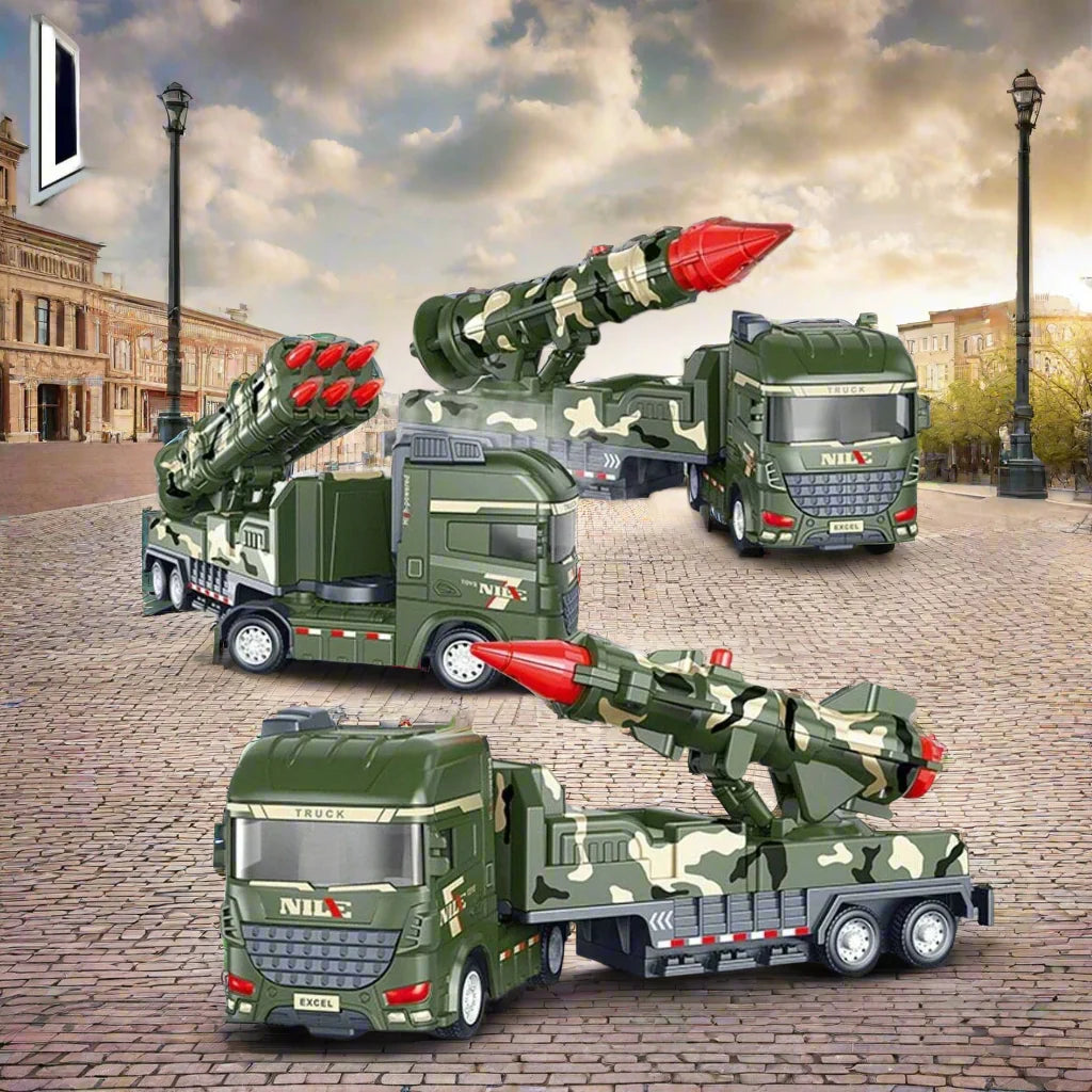 Military toy truck with pull-back mechanism, light and sound effects, ages 3+