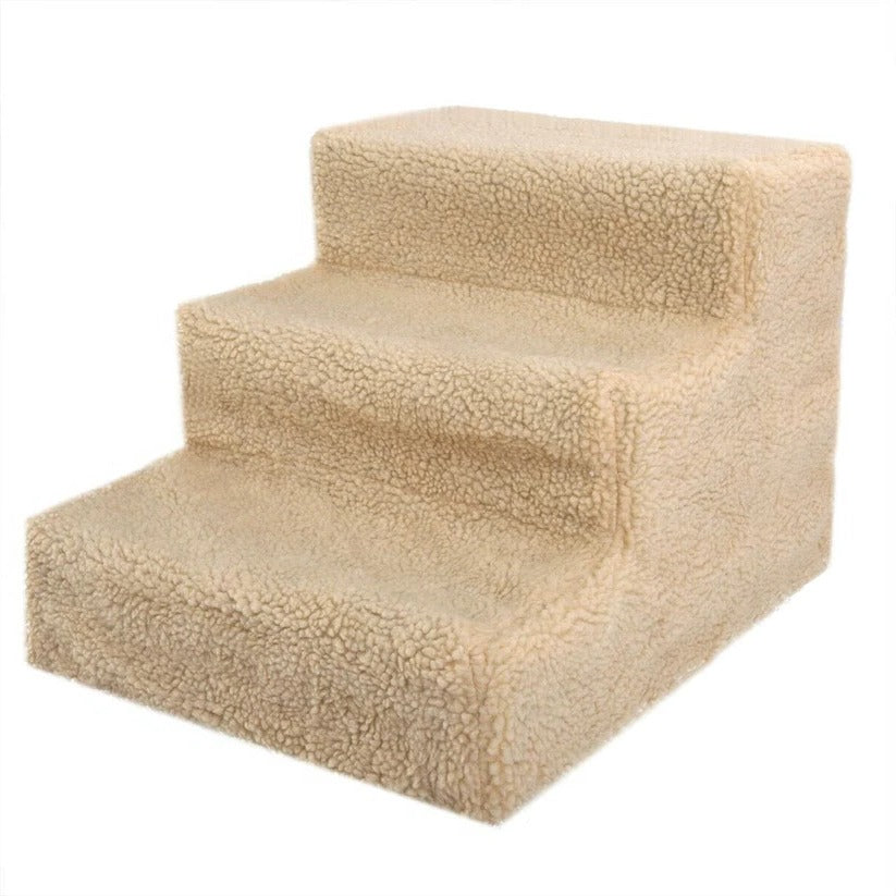 Dog stairs for tall bed 3-step portable beige fleece cover 55lb capacity