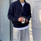 Men half zip sweater pleated knit in navy blue and grey