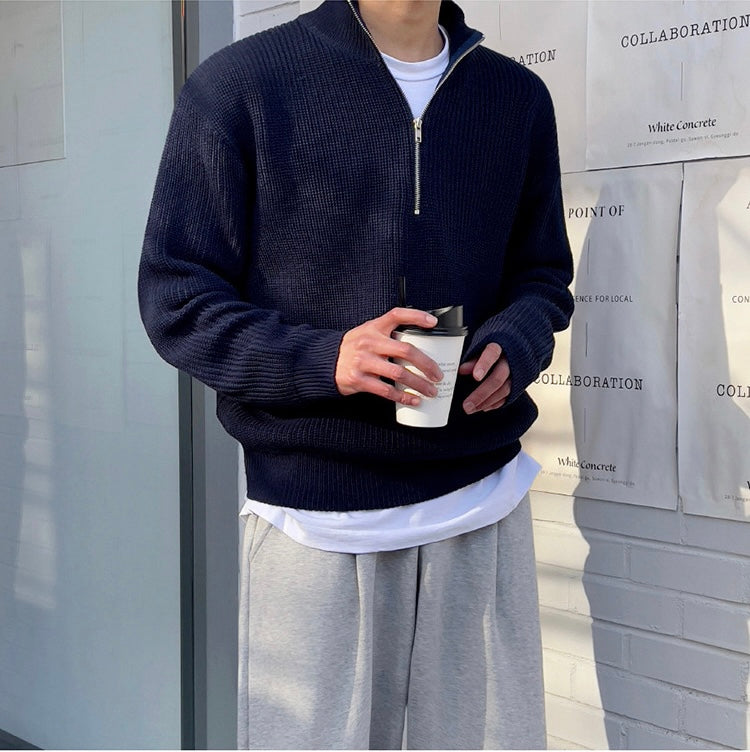Men half zip sweater pleated knit in navy blue and grey