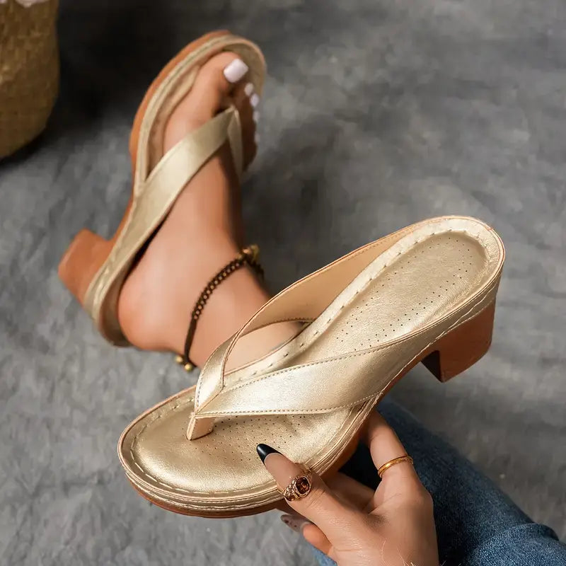 Block heel flip flops women's toe-post sandals lightweight summer