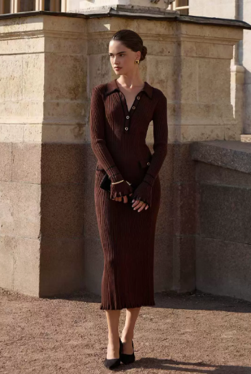 Women ribbed button front knit midi dress fitted silhouette