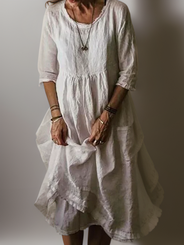 Women cotton linen midi dress with pleated skirt relaxed fit