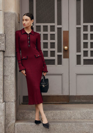 Women ribbed button front knit midi dress fitted silhouette