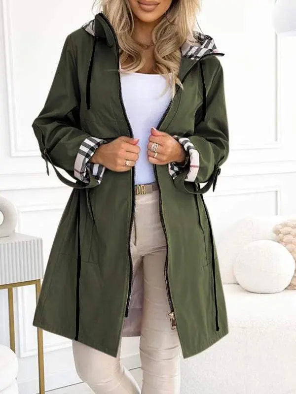 Women hooded long jacket lightweight with contrasting sleeve detail