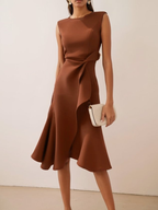 Women's asymmetric draped midi dress, sleeveless summer occasion dress