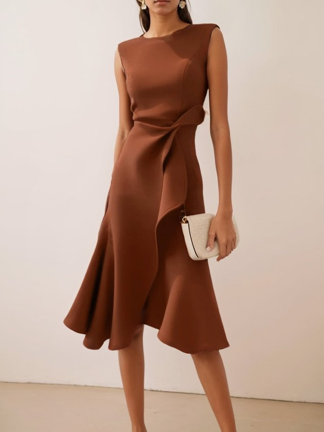 Women's asymmetric draped midi dress, sleeveless summer occasion dress