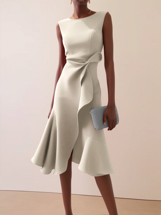 Women's asymmetric draped midi dress, sleeveless summer occasion dress