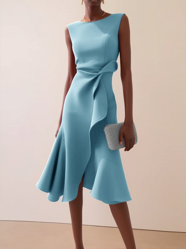 Women's asymmetric draped midi dress, sleeveless summer occasion dress