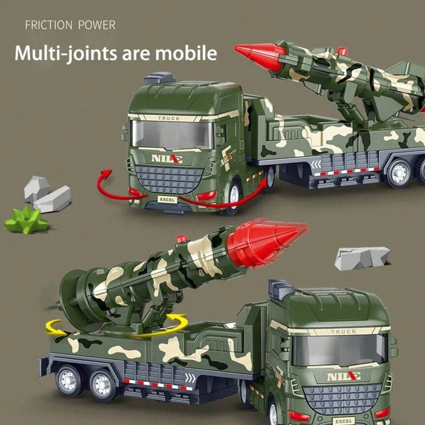 Military toy truck with pull-back mechanism, light and sound effects, ages 3+