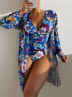 Women's 3-piece blue floral bikini set with wrap skirt, sizes S-XL