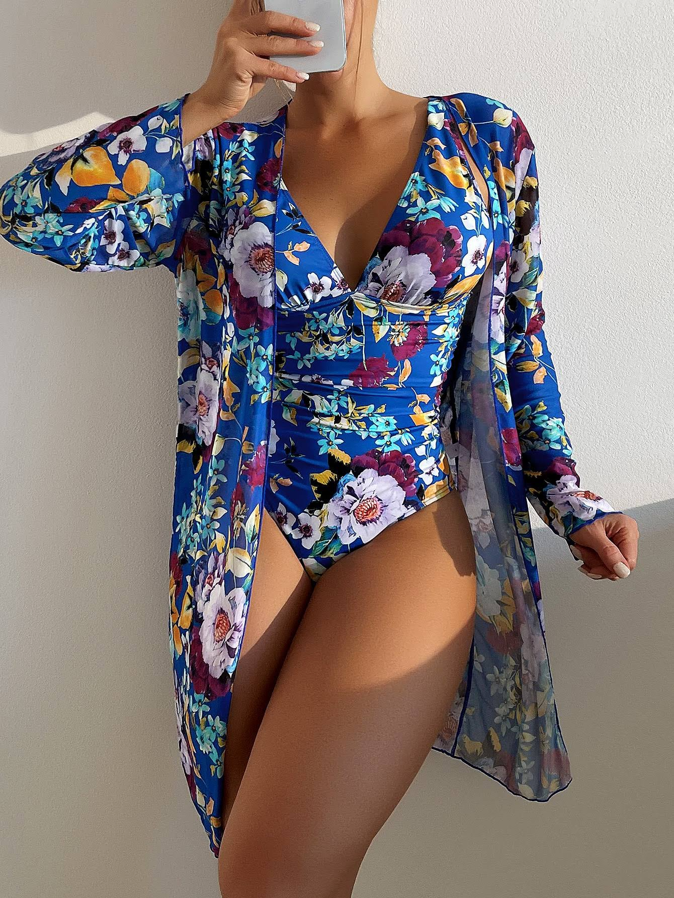 Women's 3-piece blue floral bikini set with wrap skirt, sizes S-XL